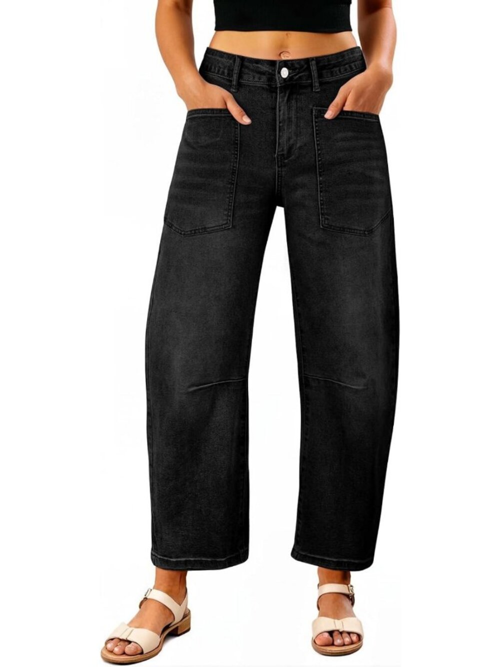 Women's Baggy Cropped Denim Pants - Stretchy Barrel Jeans for Casual Style